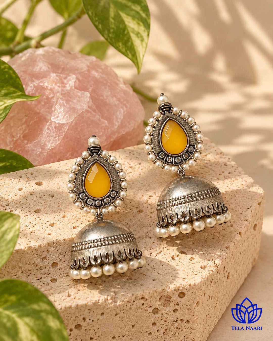 Silver Plated Yellow Nusrat Jhumkas
