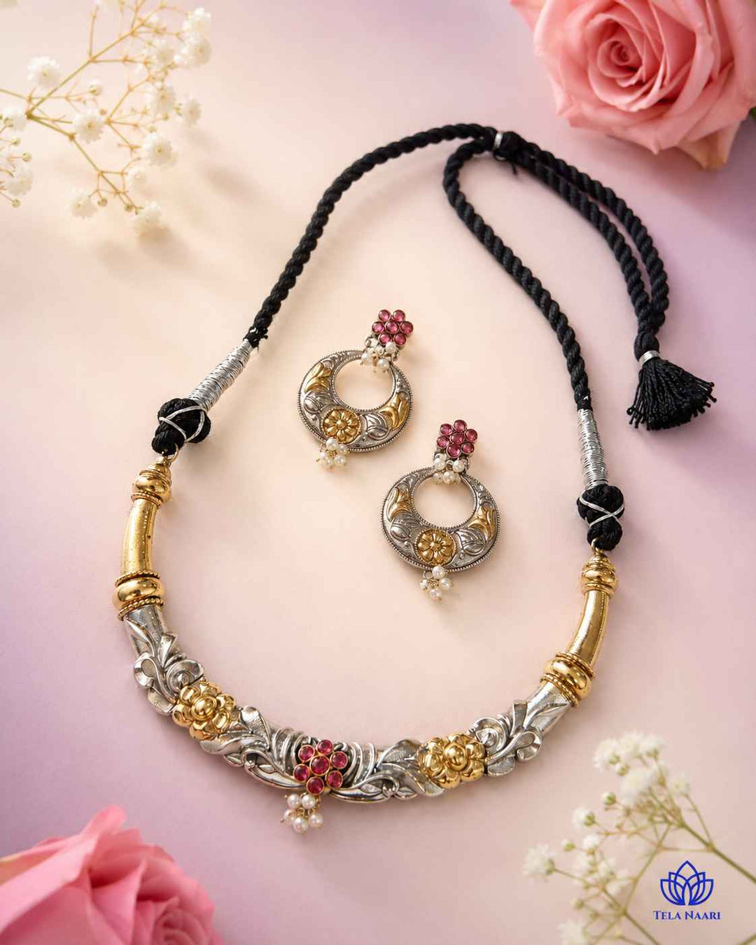 Nistha Silver Plated Dual Tone Hasli Necklace Set