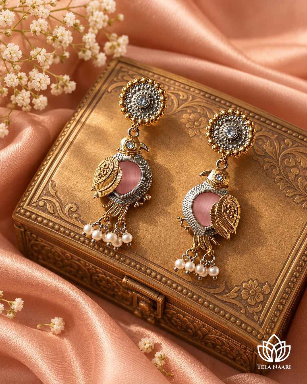 Tela Naari Damini Dual Tone Pink Bird Earrings
