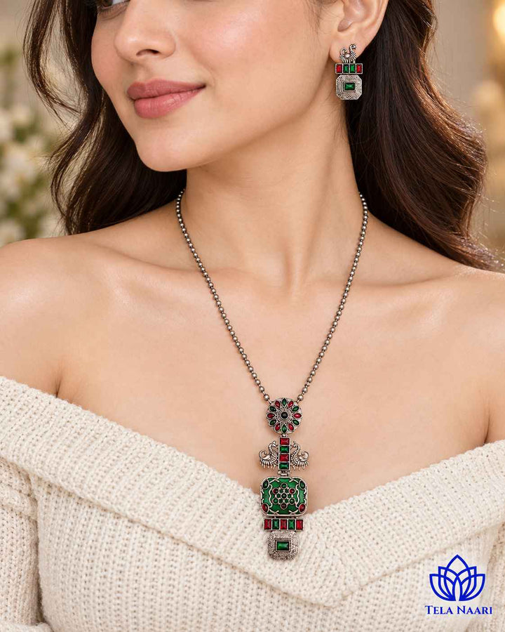 Seema Silver Plated Green Necklace Set