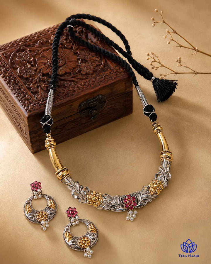 Nistha Silver Plated Dual Tone Hasli Necklace Set