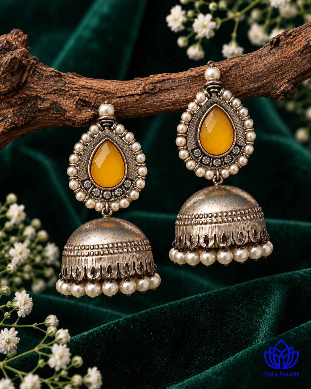 Silver Plated Yellow Nusrat Jhumkas
