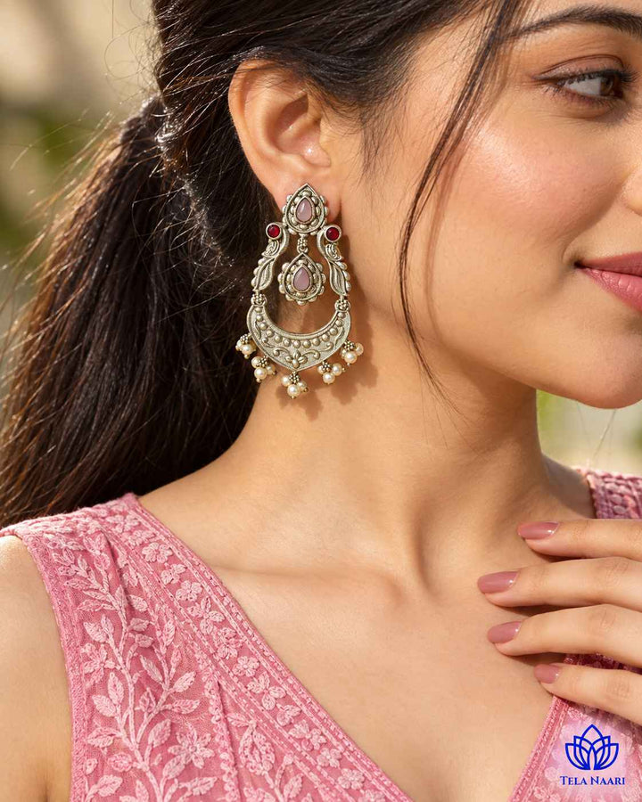 Silver Oxidised Earrings Pink Jannat