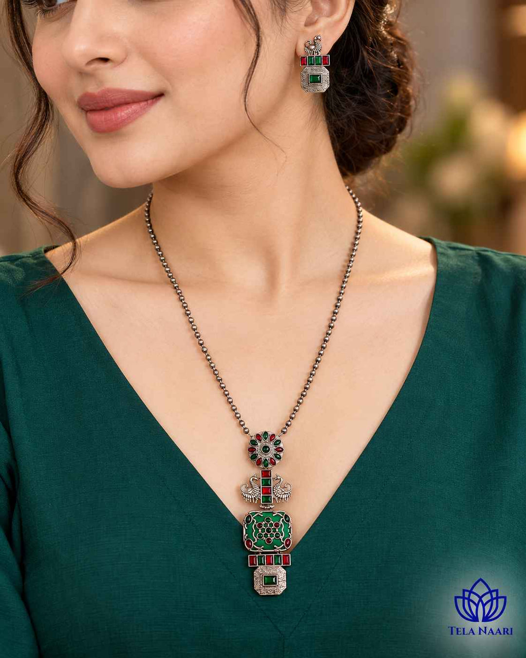 Seema Silver Plated Green Necklace Set