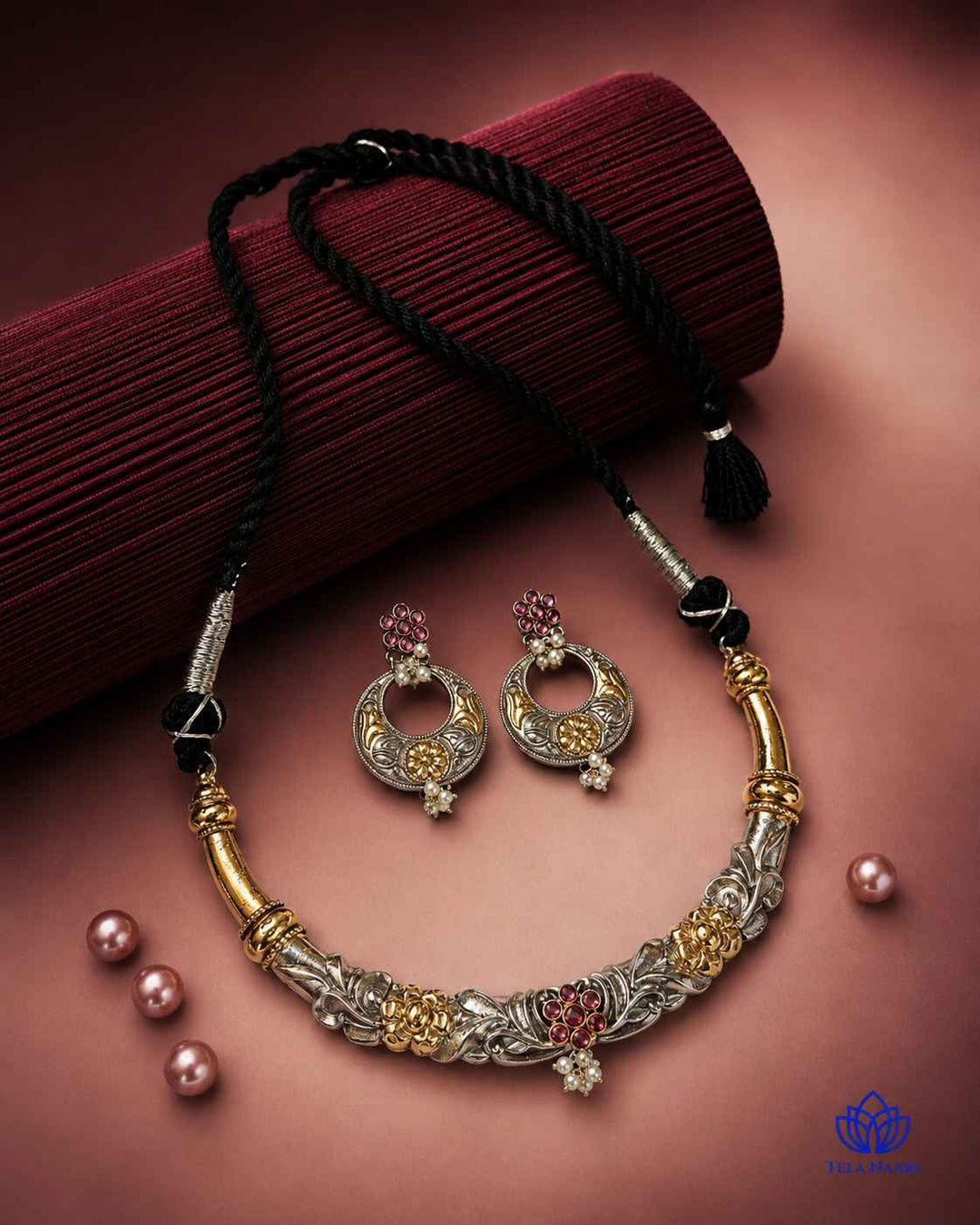 Nistha Silver Plated Dual Tone Hasli Necklace Set