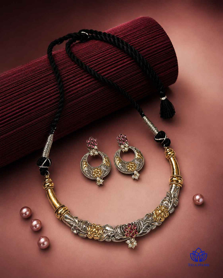 Nistha Silver Plated Dual Tone Hasli Necklace Set
