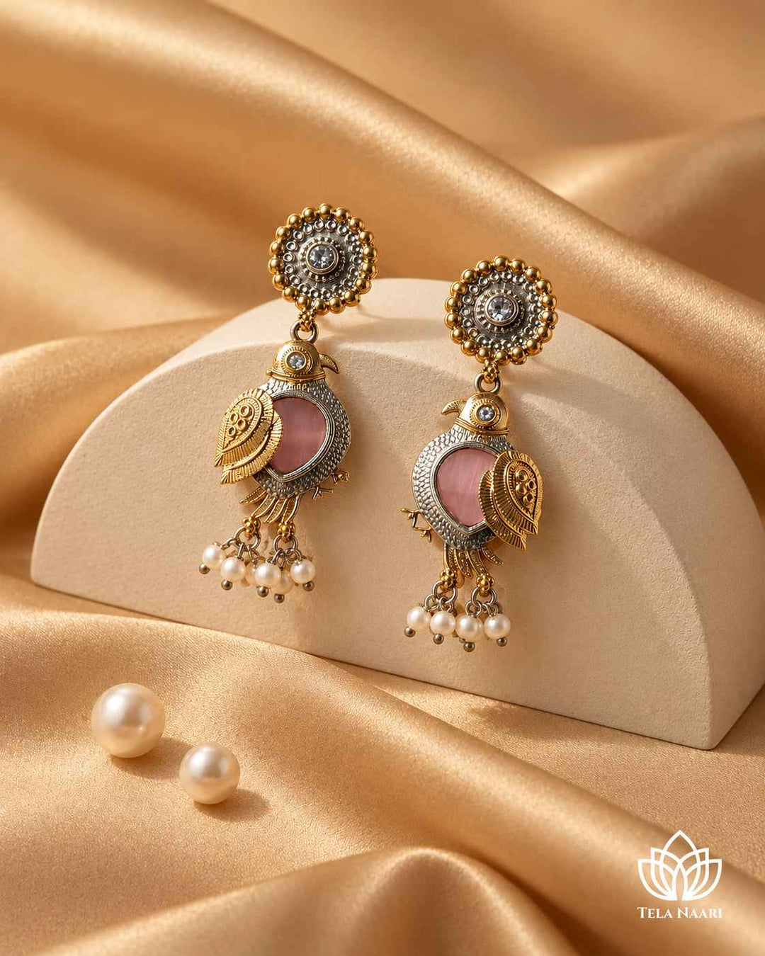 Tela Naari Damini Dual Tone Pink Bird Earrings