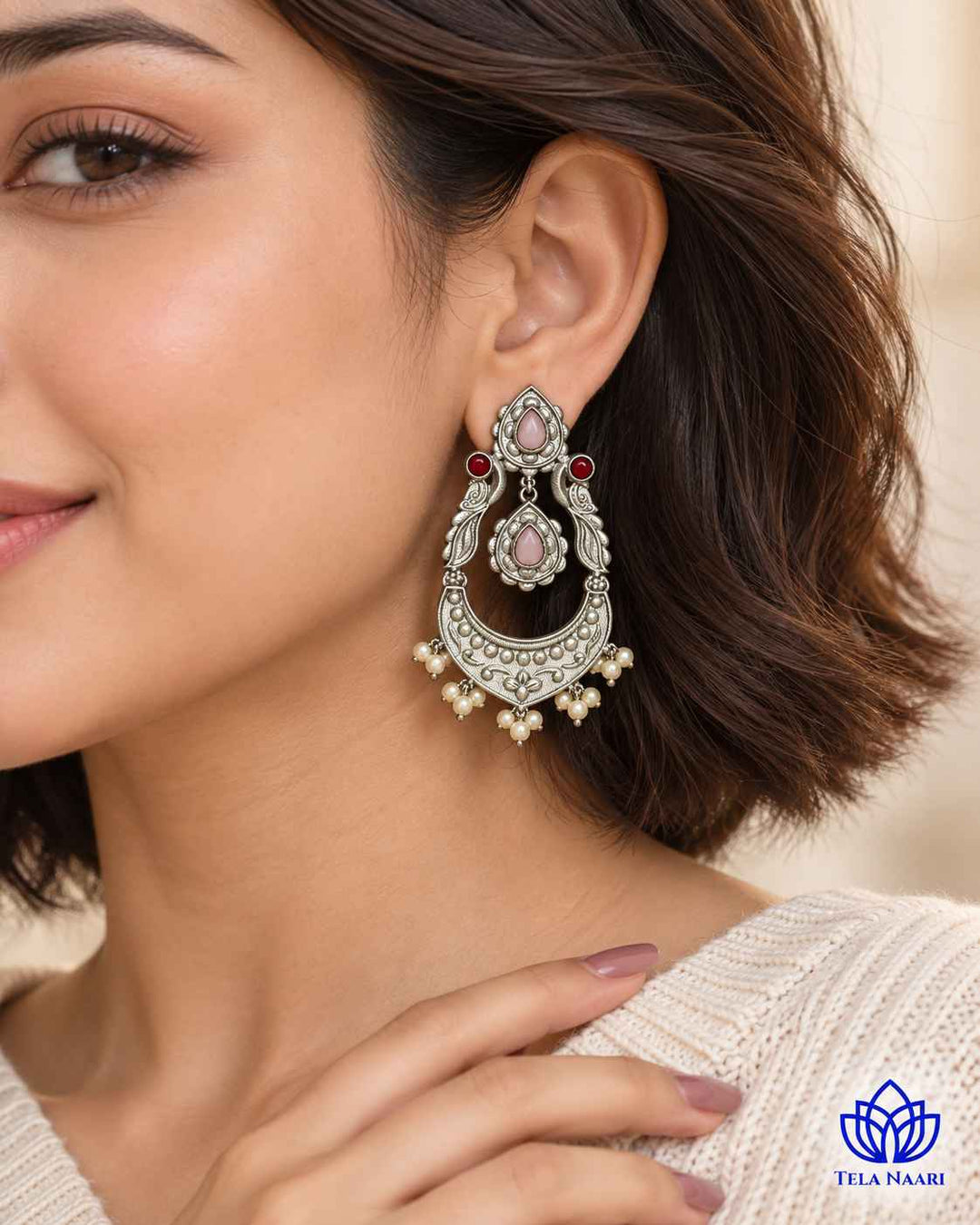 Silver Oxidised Earrings Pink Jannat