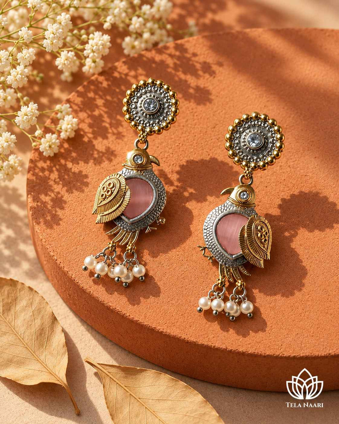 Tela Naari Damini Dual Tone Pink Bird Earrings