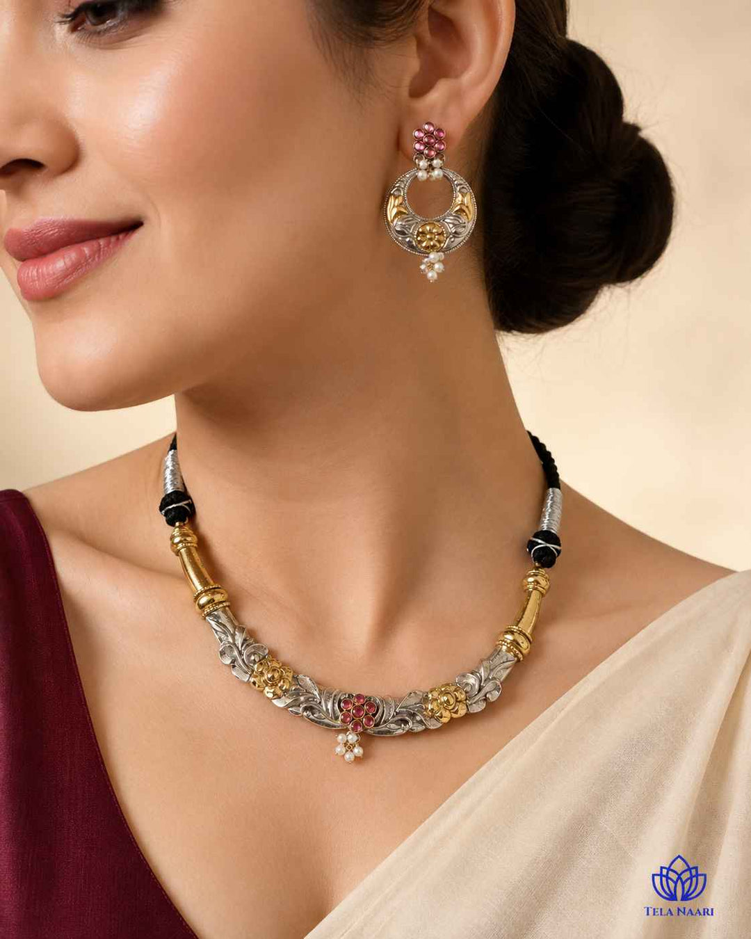 Nistha Silver Plated Dual Tone Hasli Necklace Set
