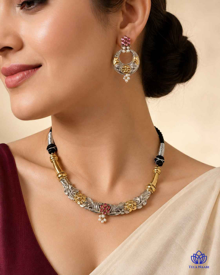 Nistha Silver Plated Dual Tone Hasli Necklace Set