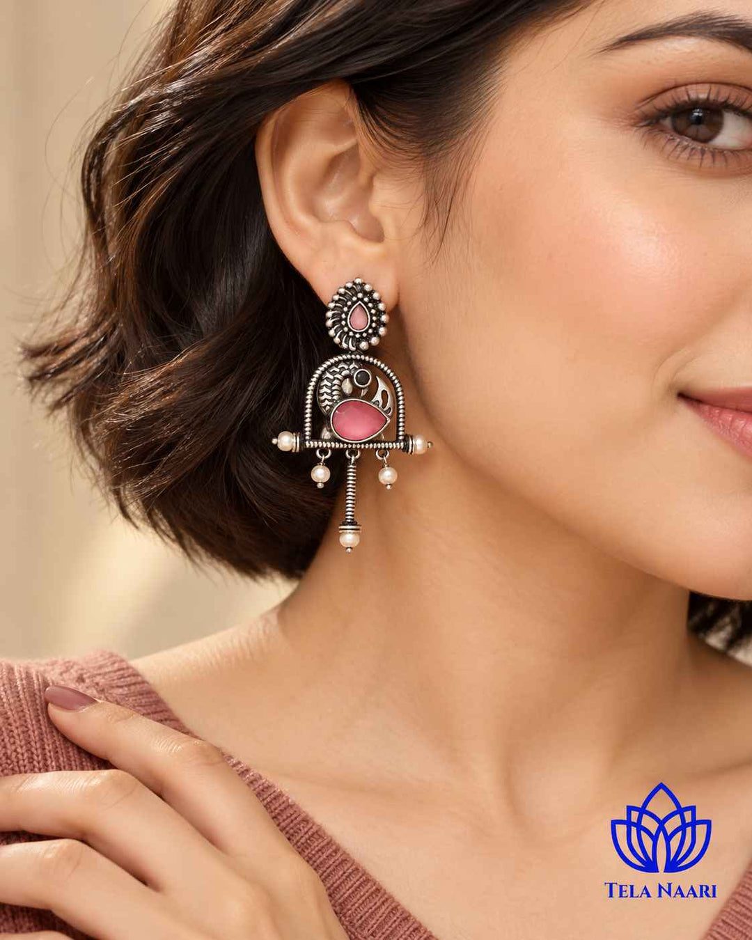 Aashni Silver Oxidised Pink Earrings
