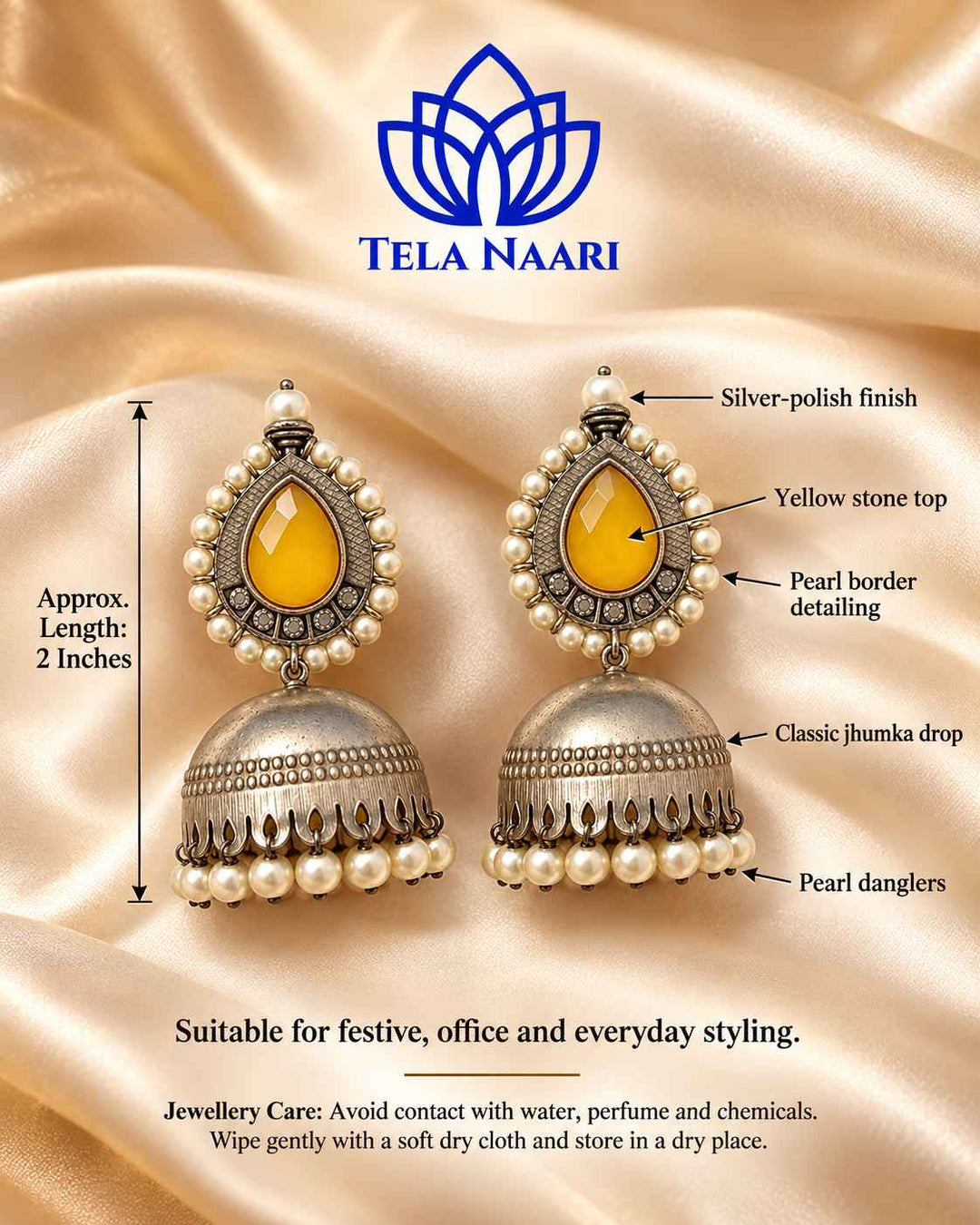 Silver Plated Yellow Nusrat Jhumkas