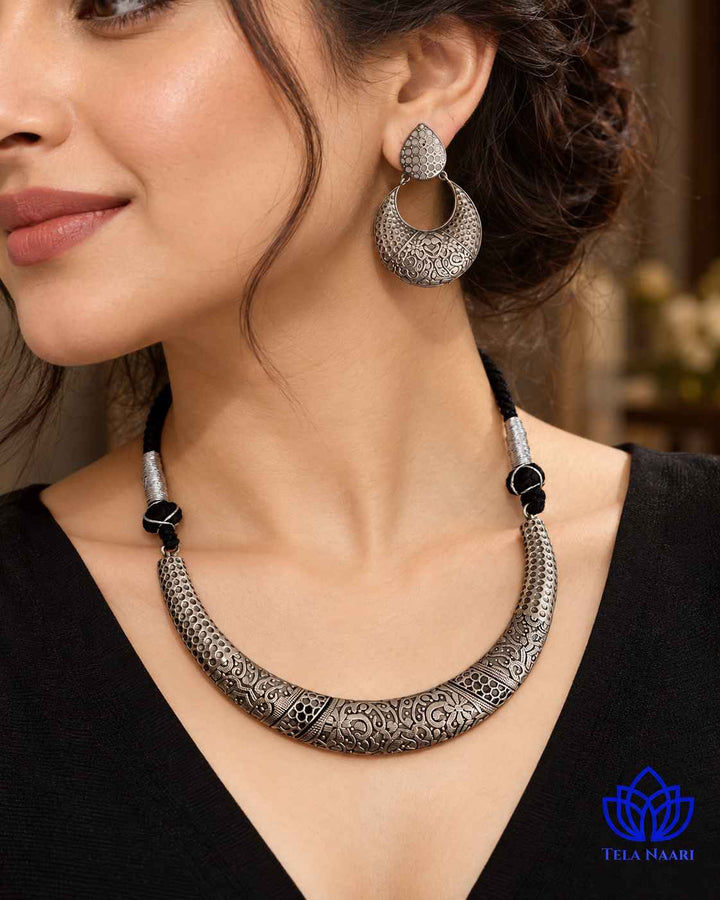 Sneha Silver Plated Choker Necklace Hasli Set