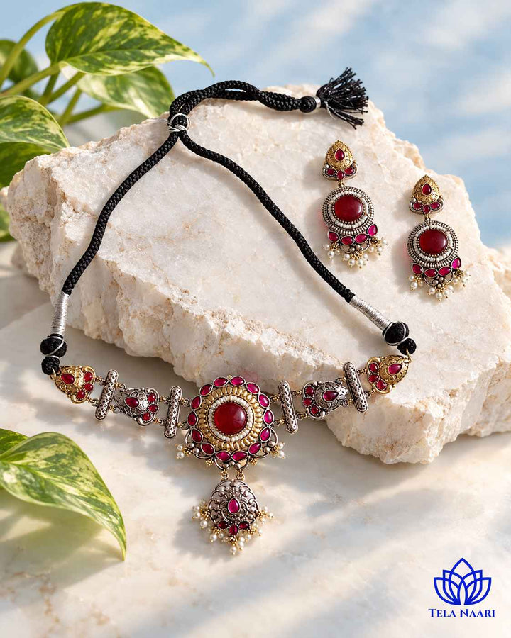 MuX Red Stone Dual Tone Choker Necklace Set