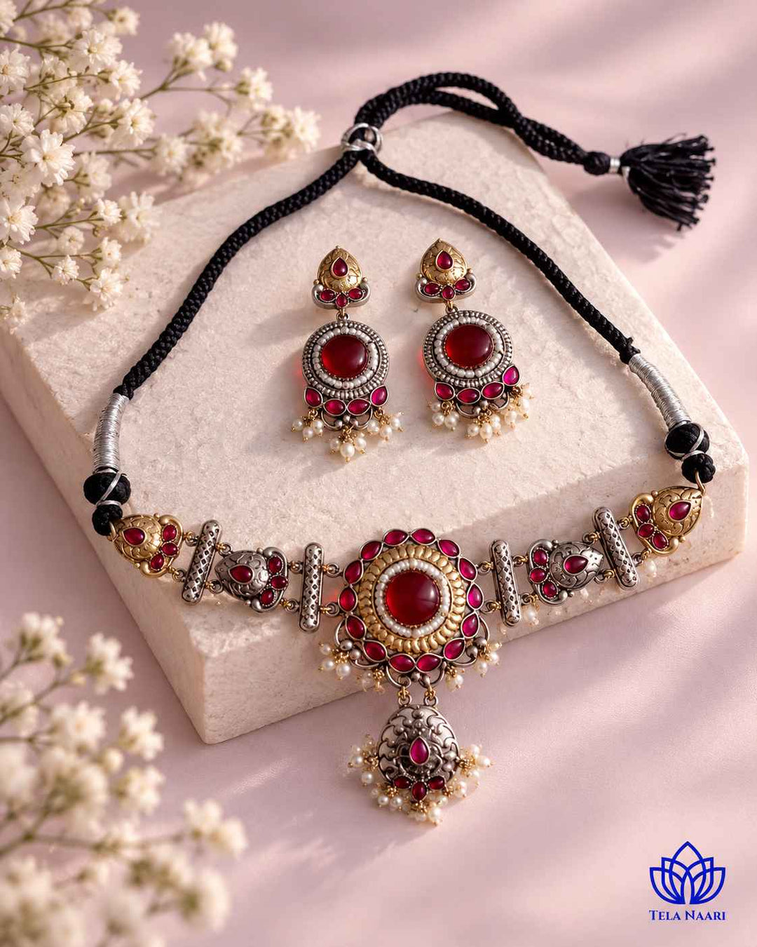 MuX Red Stone Dual Tone Choker Necklace Set