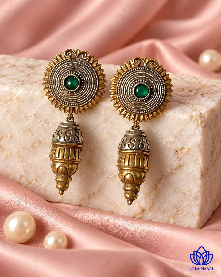 Atulya Dual Tone Dangler Green Earrings