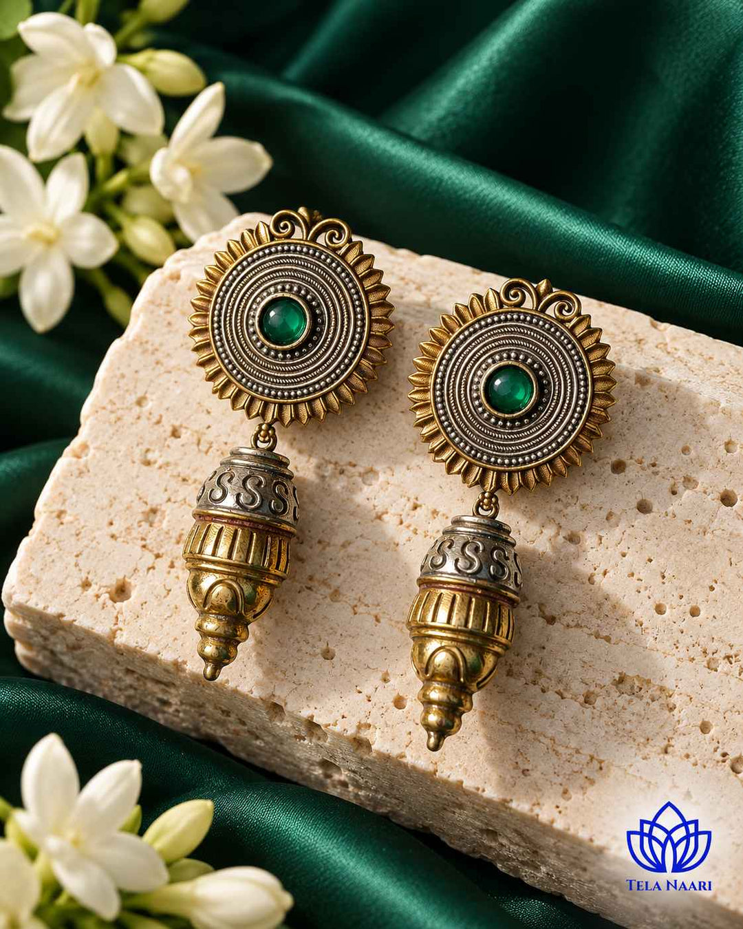 Atulya Dual Tone Dangler Green Earrings