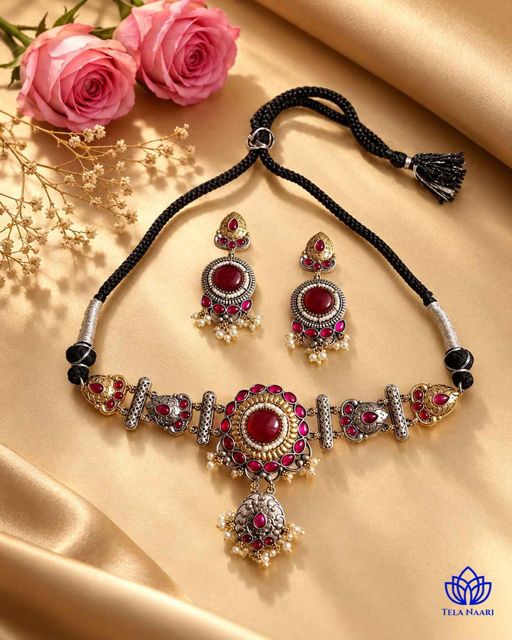 MuX Red Stone Dual Tone Choker Necklace Set