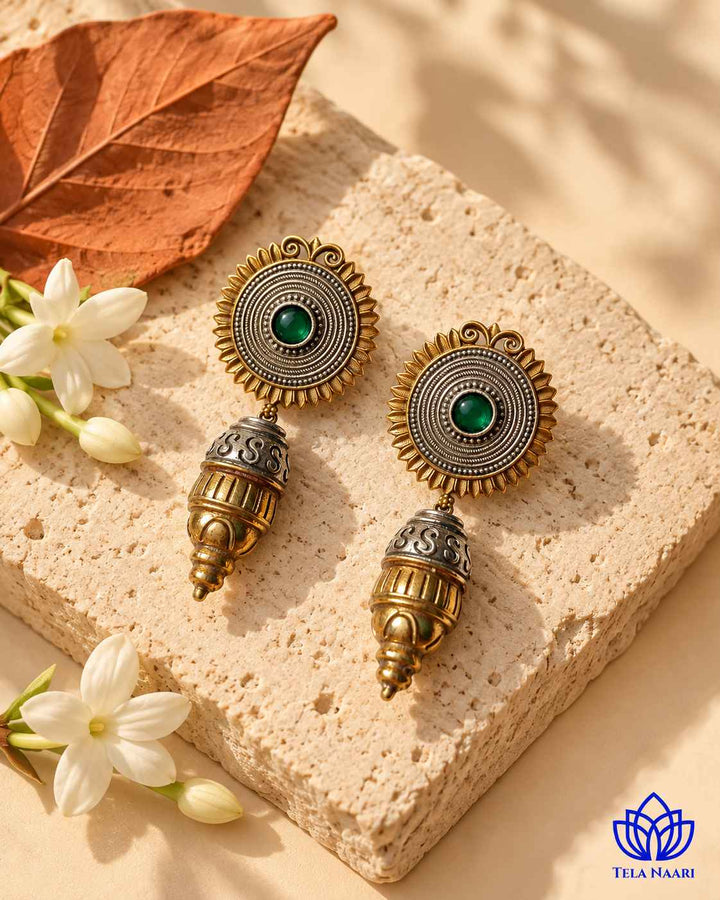 Atulya Dual Tone Dangler Green Earrings