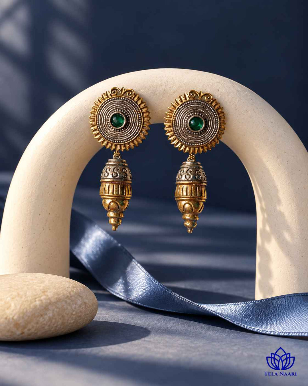 Atulya Dual Tone Dangler Green Earrings