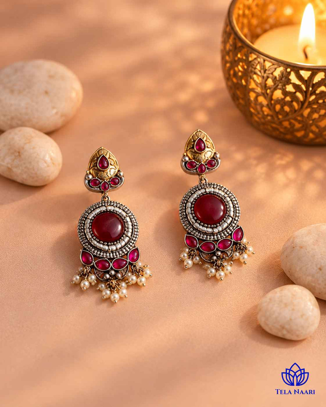 MuX Red Stone Dual Tone Choker Necklace Set