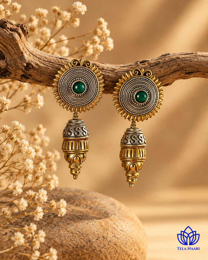 Atulya Dual Tone Dangler Green Earrings