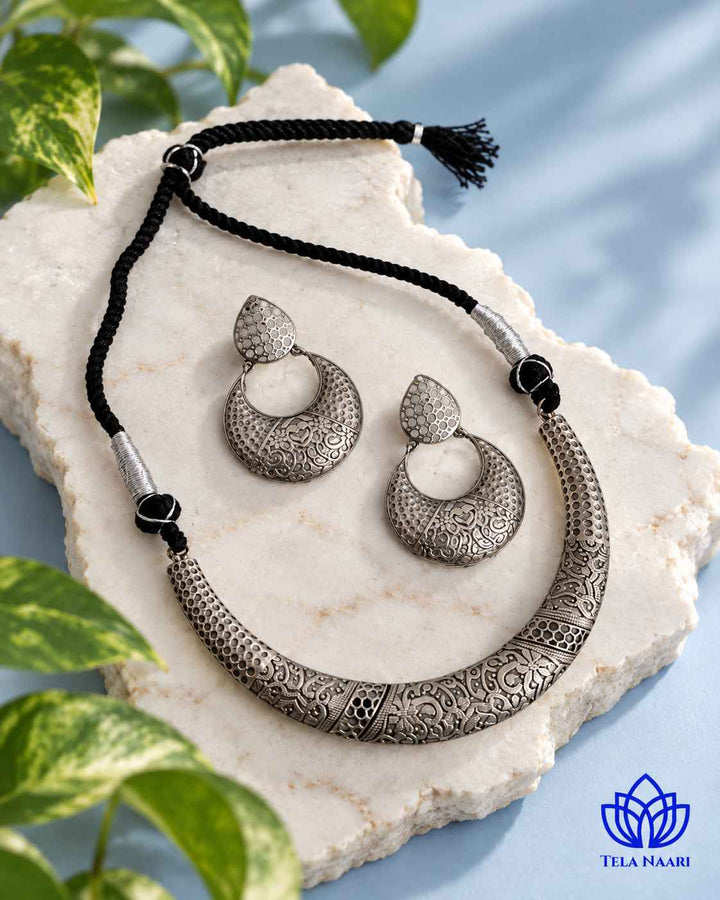Sneha Silver Plated Choker Necklace Hasli Set
