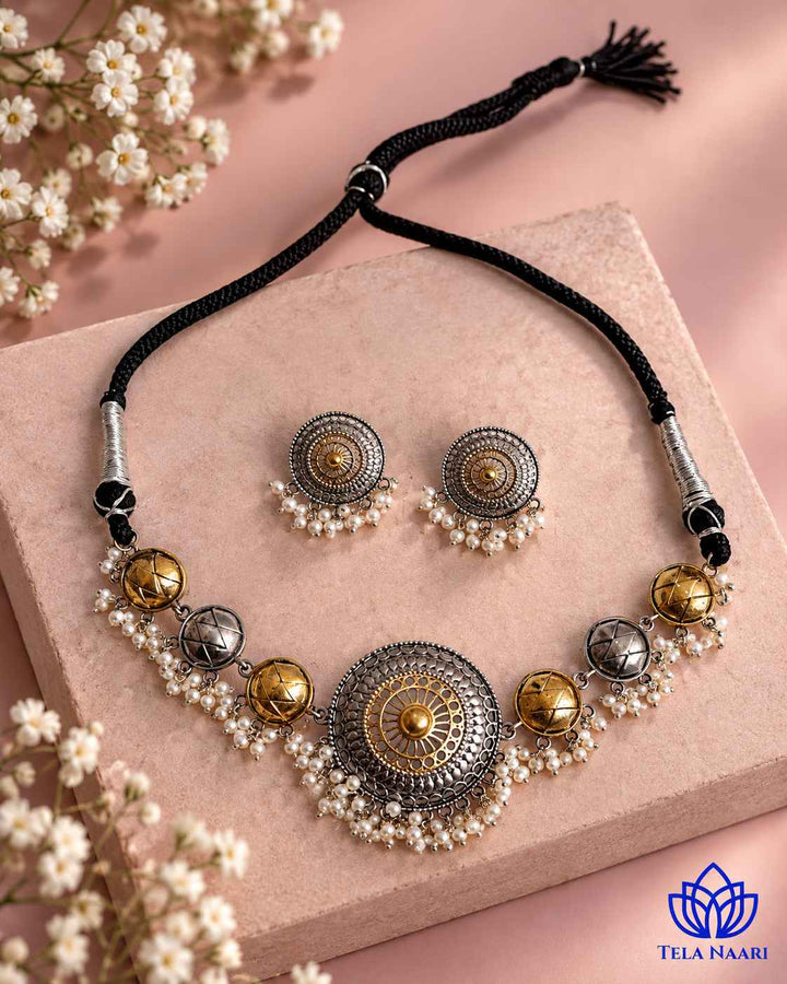Round Dual Tone Choker Necklace Set