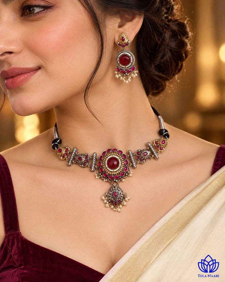MuX Red Stone Dual Tone Choker Necklace Set