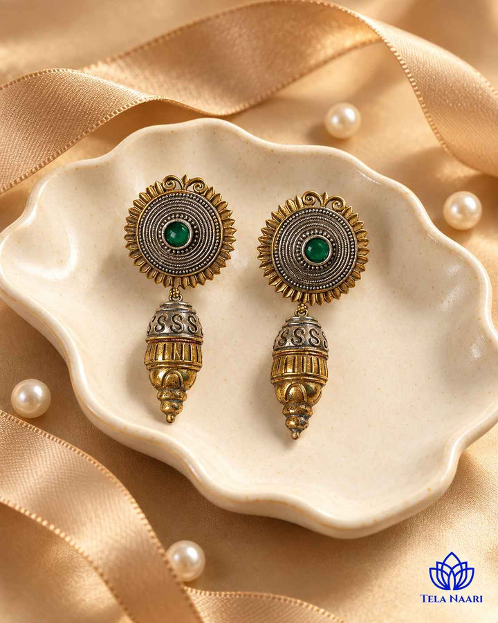 Atulya Dual Tone Dangler Green Earrings