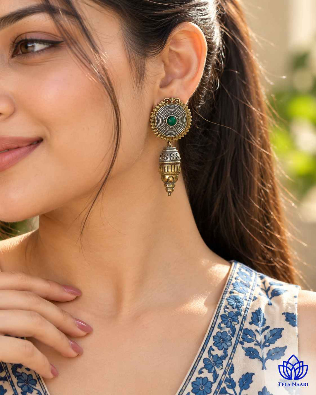 Atulya Dual Tone Dangler Green Earrings