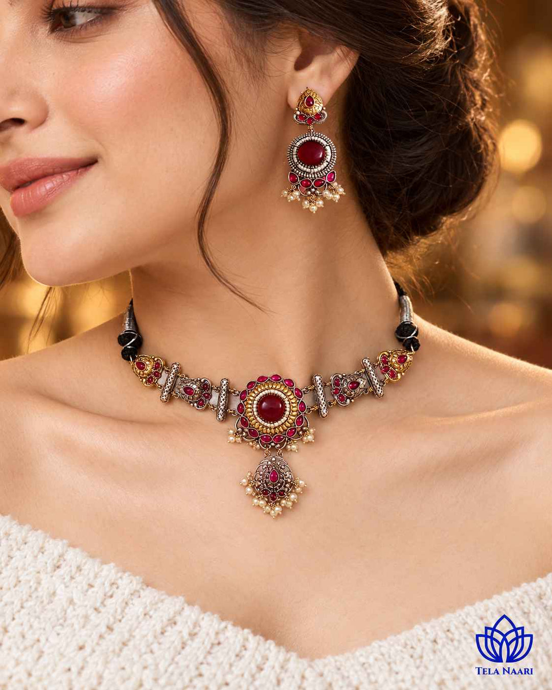 MuX Red Stone Dual Tone Choker Necklace Set