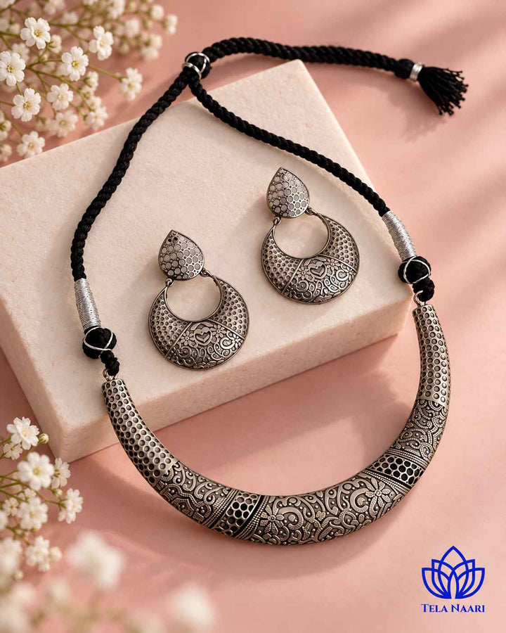 Sneha Silver Plated Choker Necklace Hasli Set