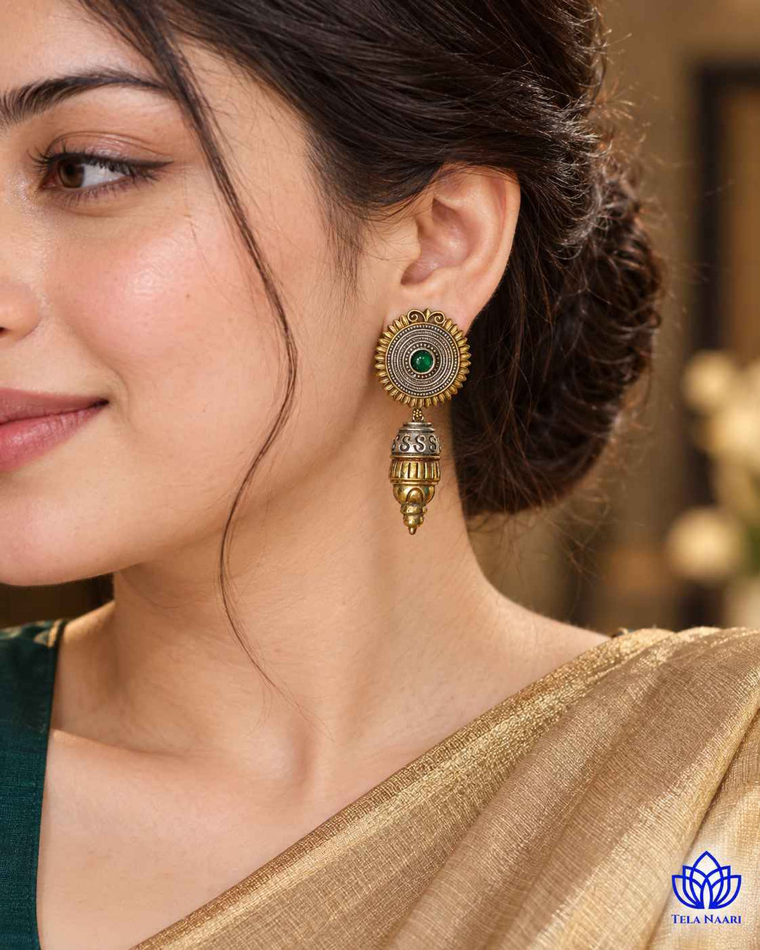Atulya Dual Tone Dangler Green Earrings