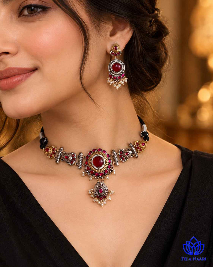 MuX Red Stone Dual Tone Choker Necklace Set