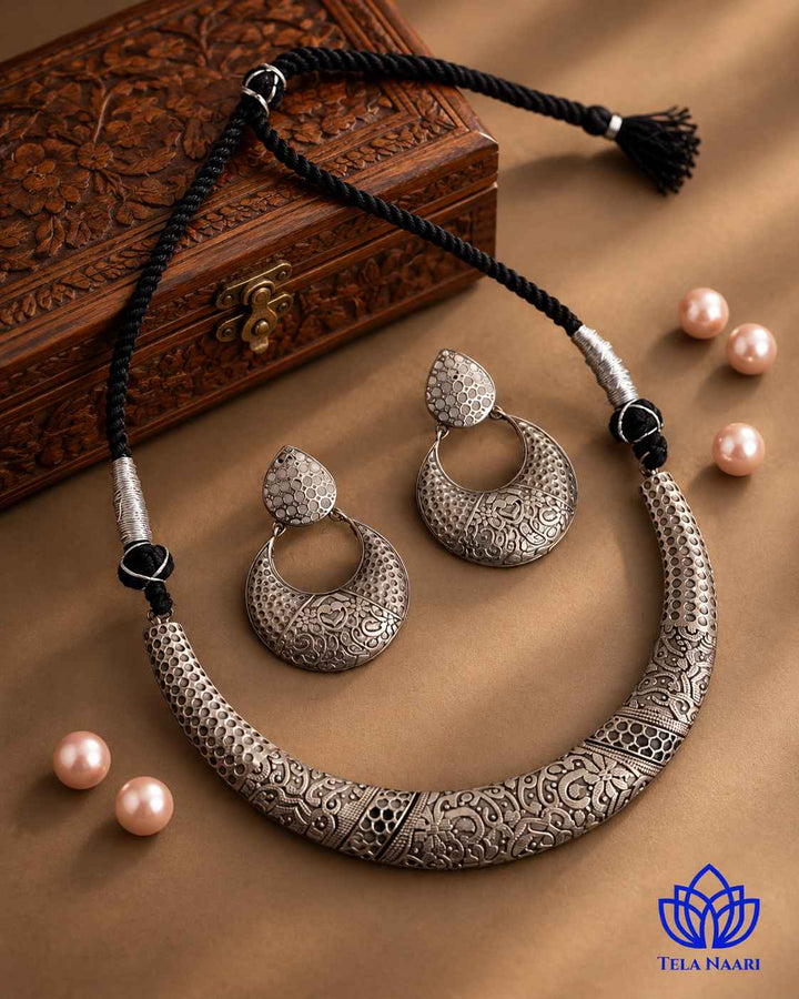 Sneha Silver Plated Choker Necklace Hasli Set