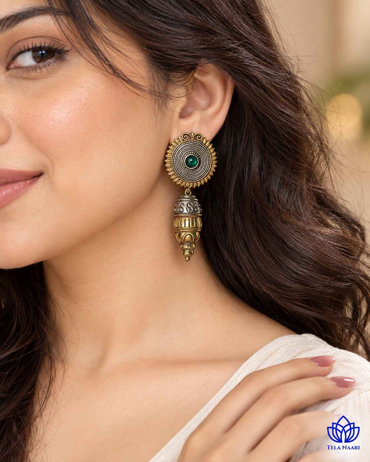 Atulya Dual Tone Dangler Green Earrings