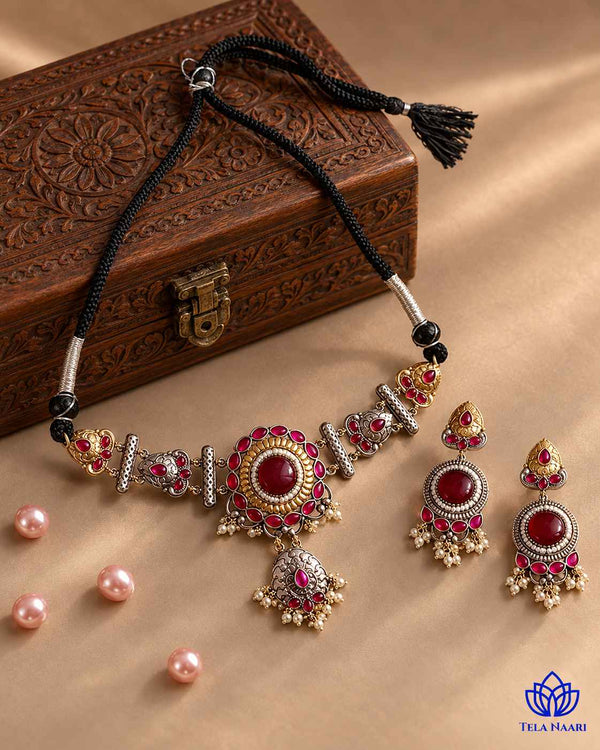 MuX Red Stone Dual Tone Choker Necklace Set