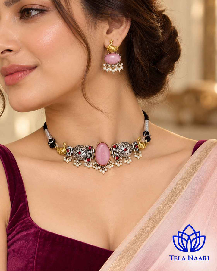Snehal Dual Tone Pink Choker Necklace Set