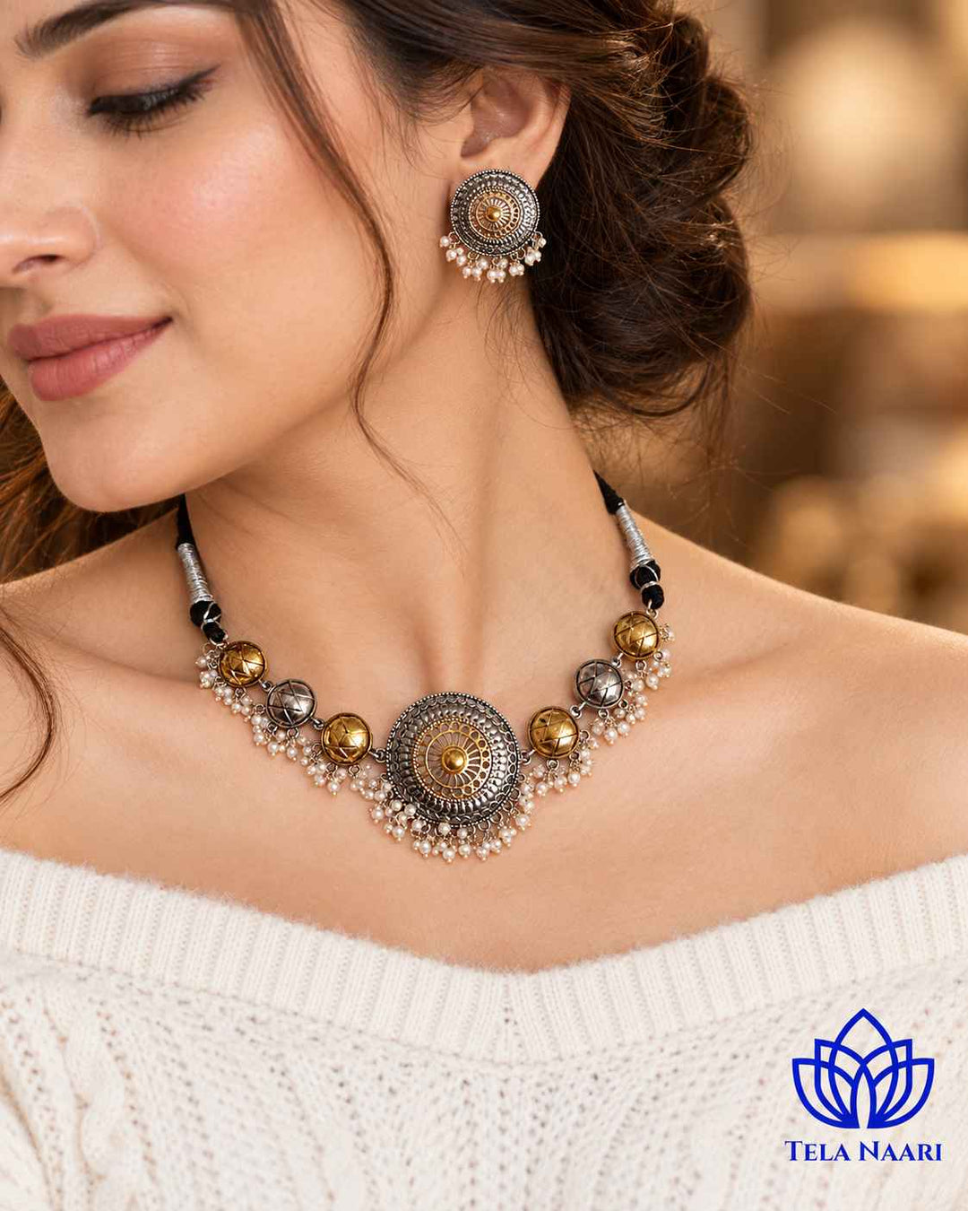 Round Dual Tone Choker Necklace Set
