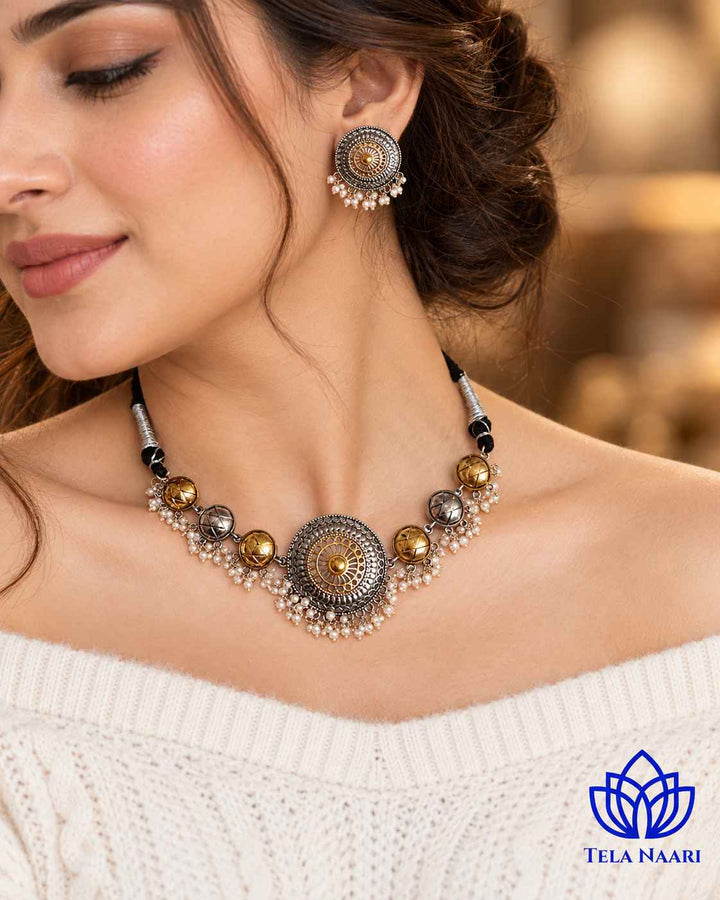 Round Dual Tone Choker Necklace Set