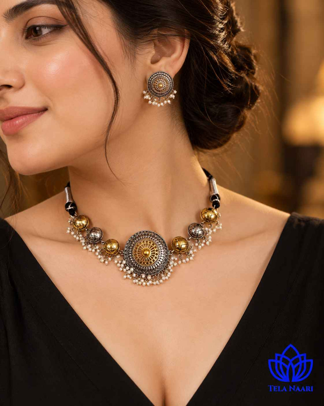 Round Dual Tone Choker Necklace Set