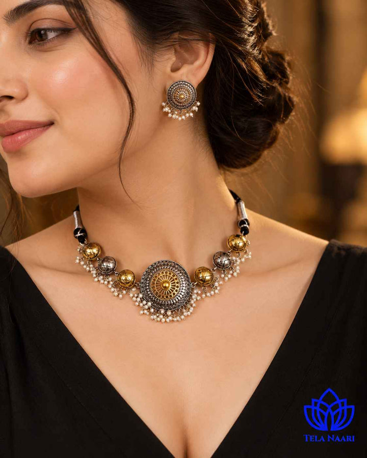 Round Dual Tone Choker Necklace Set