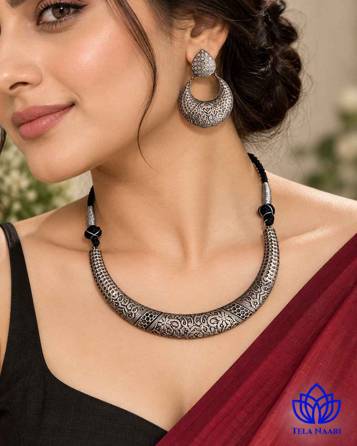 Sneha Silver Plated Choker Necklace Hasli Set
