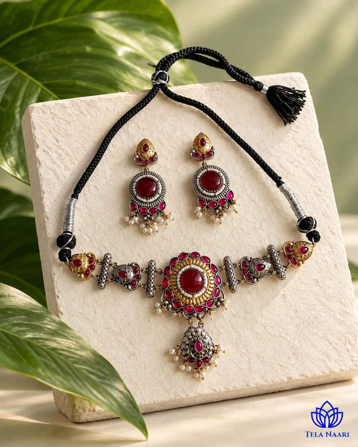 MuX Red Stone Dual Tone Choker Necklace Set