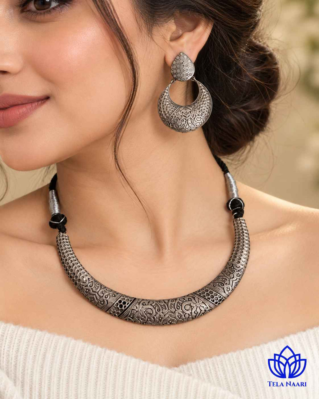 Sneha Silver Plated Choker Necklace Hasli Set
