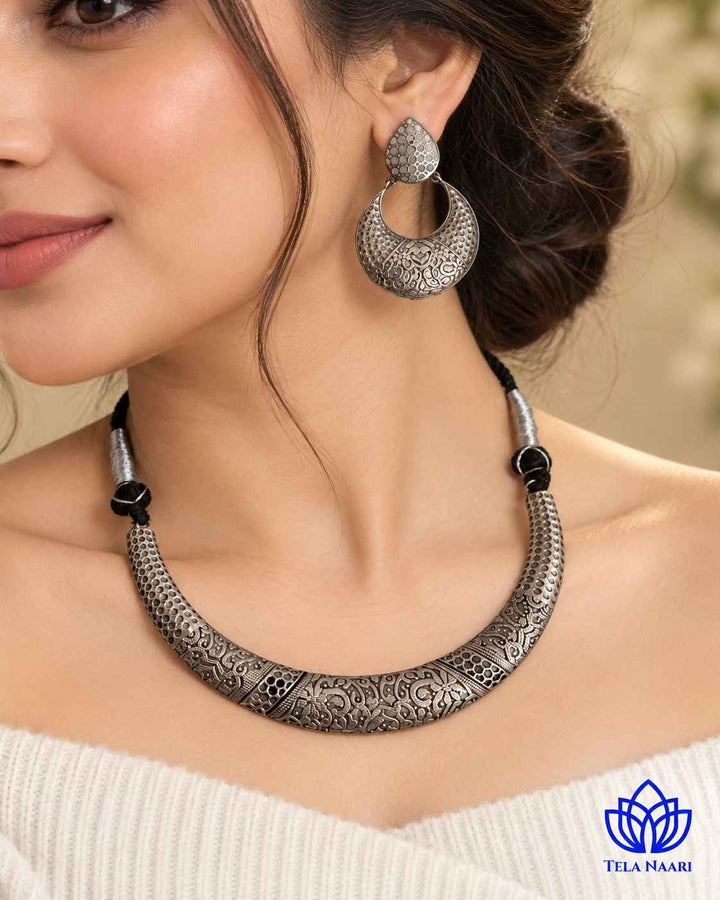 Sneha Silver Plated Choker Necklace Hasli Set