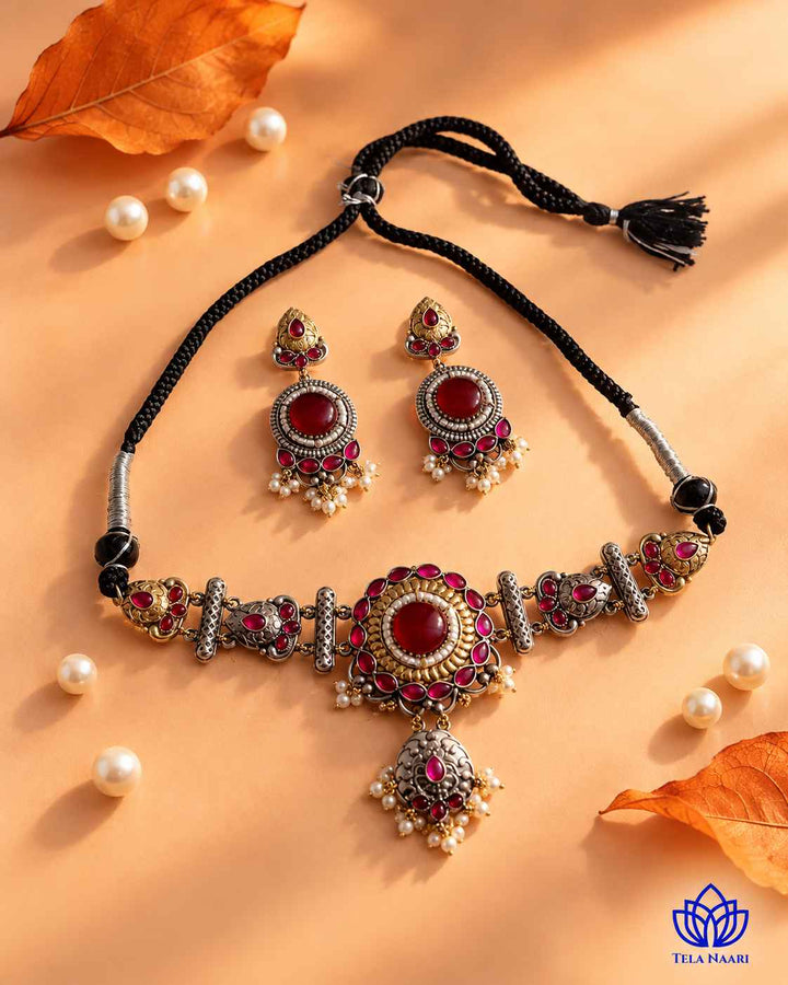 MuX Red Stone Dual Tone Choker Necklace Set