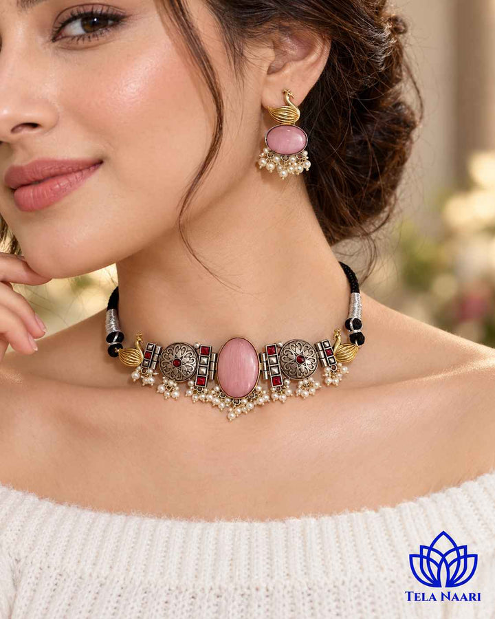 Snehal Dual Tone Pink Choker Necklace Set